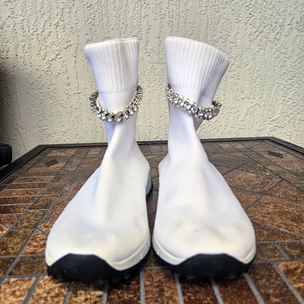 Jimmy Choo Regena White Crystal Sock Ankle Sneakers Size 36.5